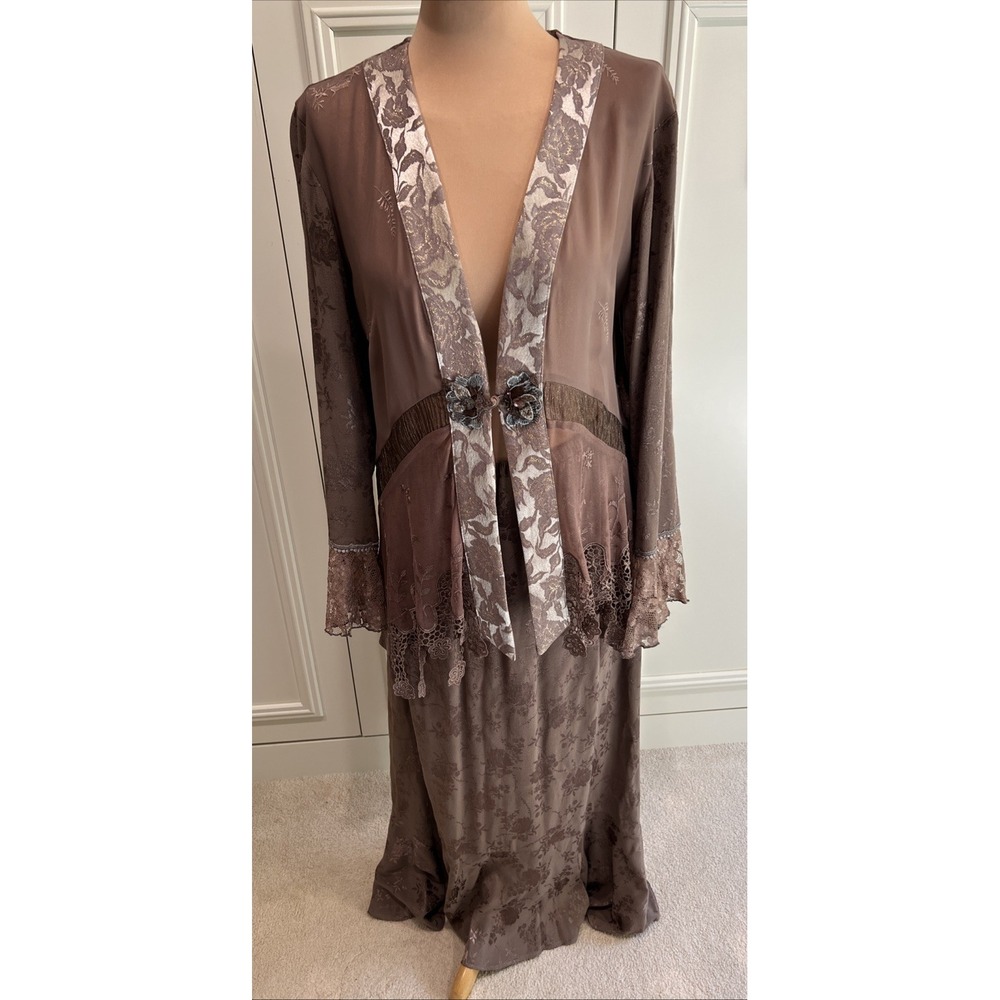 Vintage Skirt Suit Set Taupe Brown Floral Lace Embroidered Fairy Victorian Sz 10